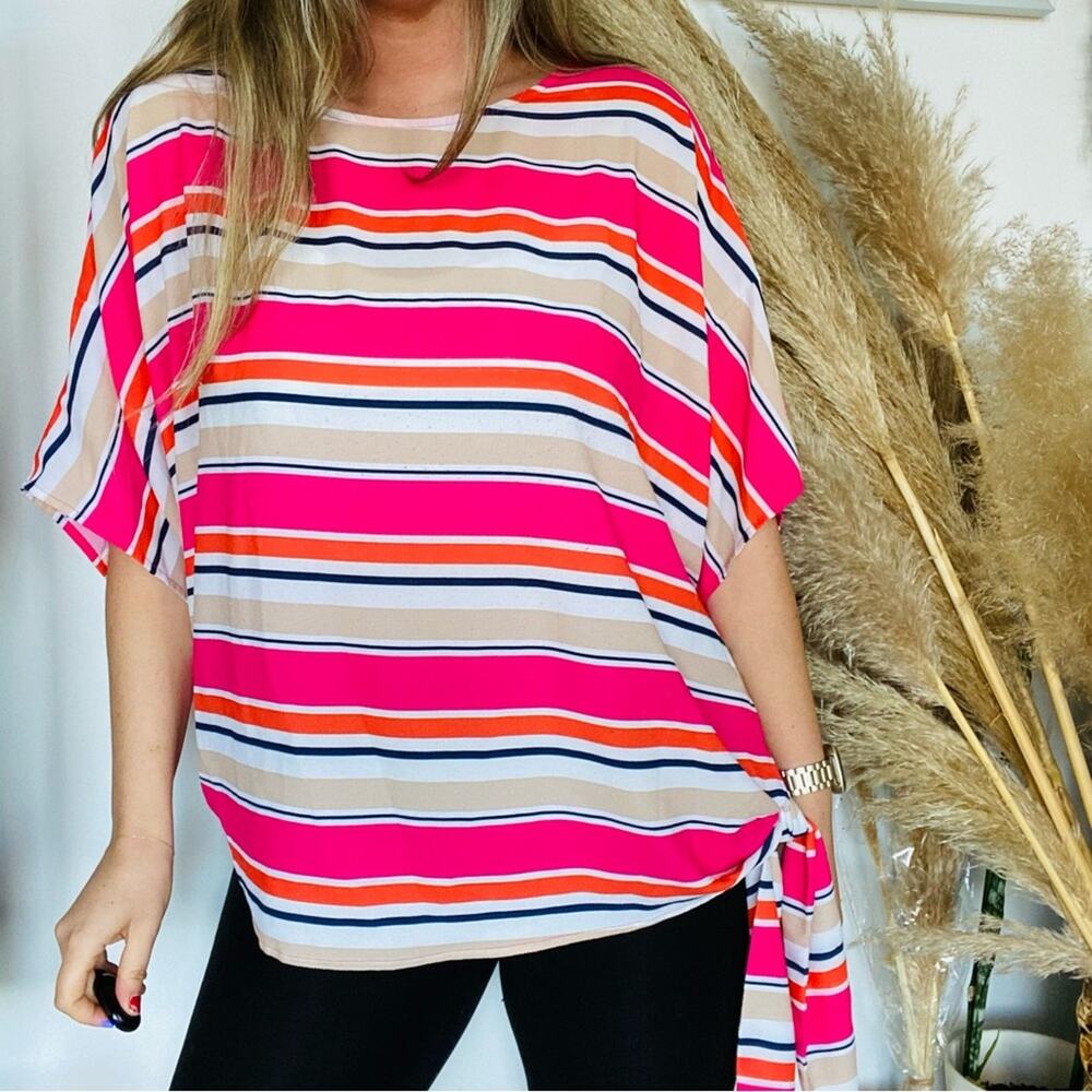 MICHAEL KORS Pink White Striped Side Tie Short Sleeve Tunic Blouse Top Shirt 3X